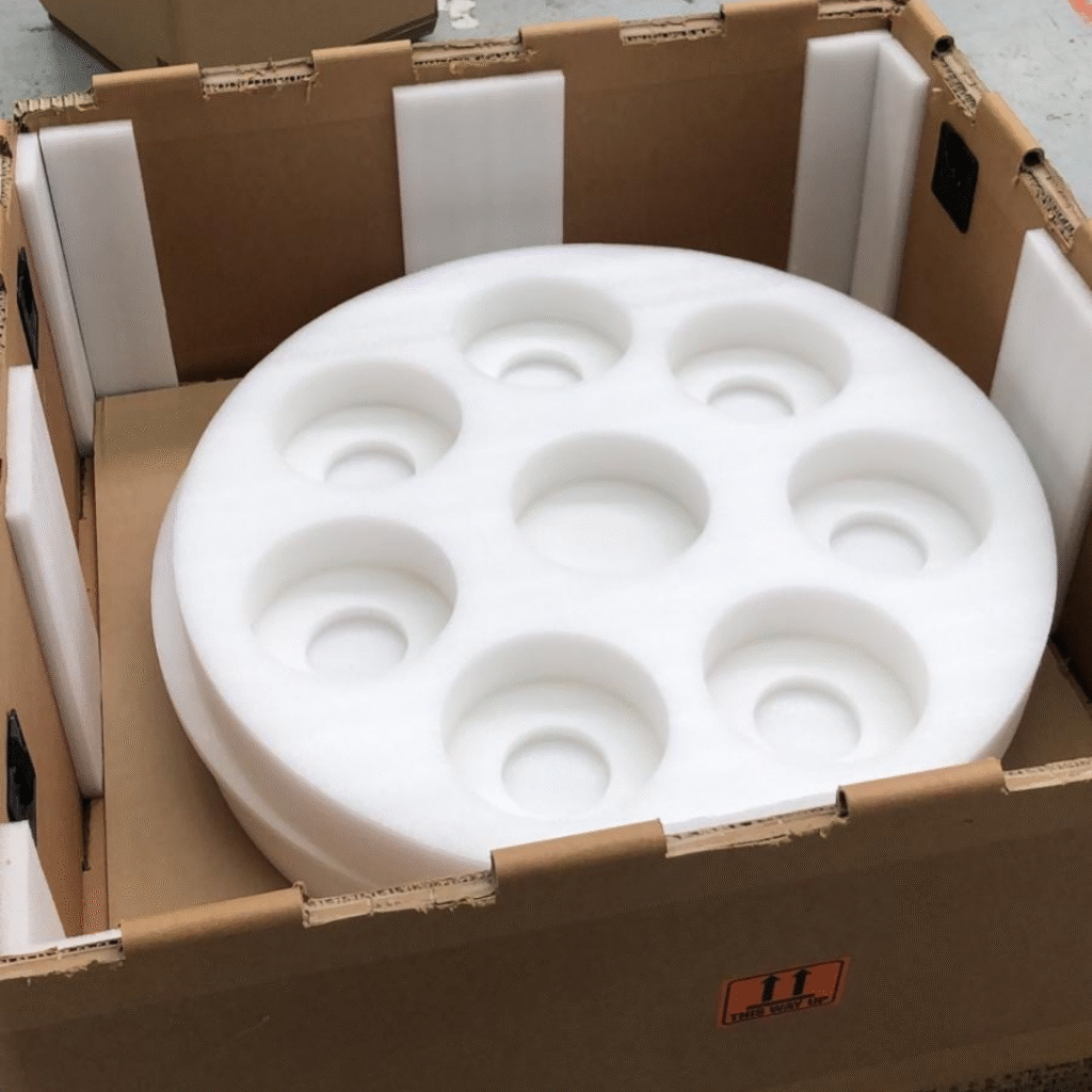 Durable foam insert designed to hold multiple round components securely inside a Rebul custom crate