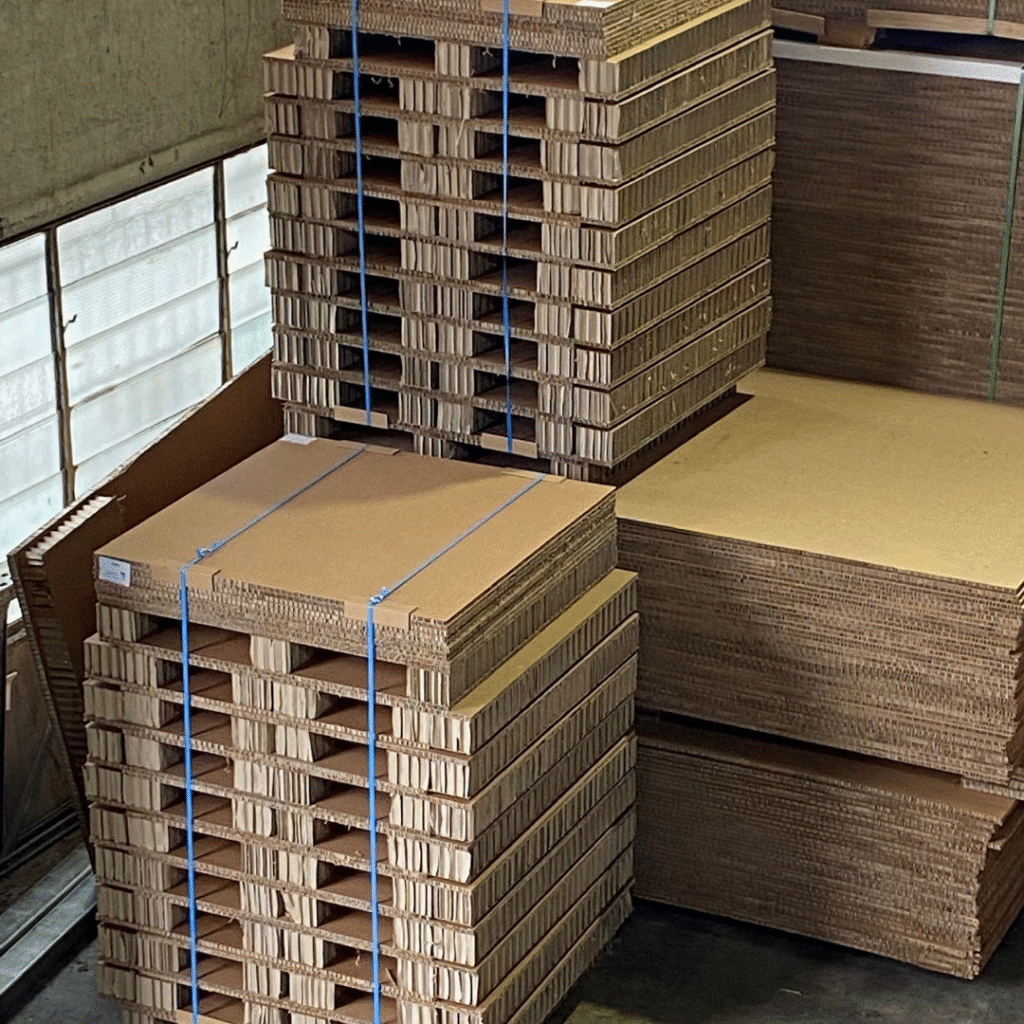 Stack of Rebul honeycomb pallets ready for dispatch, showing lightweight, sustainable, and high-strength transport packaging alternatives to timber.