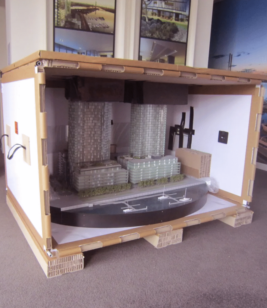 Architectural scale model protected inside a Rebul honeycomb board crate, highlighting secure and reusable packing for fragile displays.