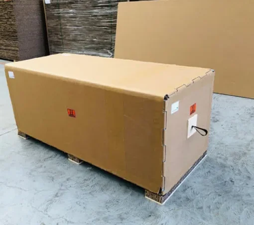 Side angle of an FSC-certified custom packaging crate designed for export compliance and protective transport of valuable goods.